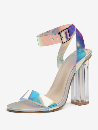 シルバー レディースヒールサンダル オープントゥ チャンキーヒールサンダル PUレザー