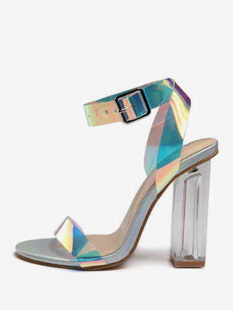 レディースヒールサンダル オープントゥ チャンキーヒールサンダル PUレザー