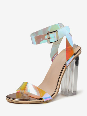 シャンパンカラーレディースヒールサンダル オープントゥ チャンキーヒールサンダル PUレザー