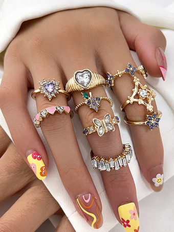 ゴールド リング ラインストーン ハート バタフライ 幾何学 9点セット