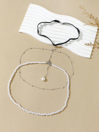 シルバー ボディチェーン レイヤードビーズパールペンダント ビキニ レッグチェーン