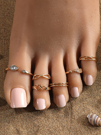 Anello per dita dei piedi con strass a forma di cuore e foglia classico 6 pezzi