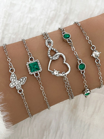 シルバー ブレスレット バタフライ ハート クリスタル ラインストーン レイヤード 5点セット