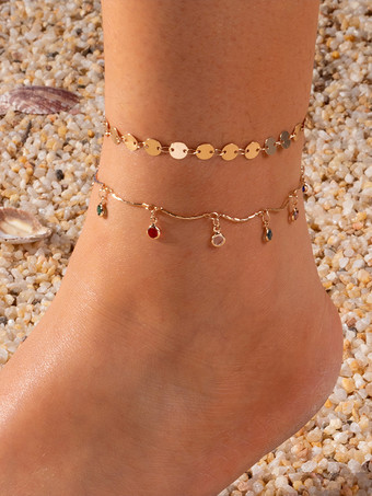 ゴールド アンクレット マルチカラー ラインストーン ペンダント レイヤード ロマンティック アンクル ブレスレット
