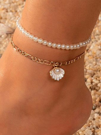 ホワイト アンクレット カラフルなビーズ シェル パール レイヤード ビーチ アンクル ブレスレット