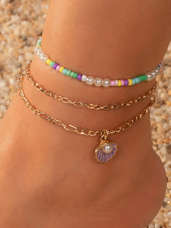 パープル アンクレット カラフルなビーズ シェル パール レイヤード ビーチ アンクル ブレスレット