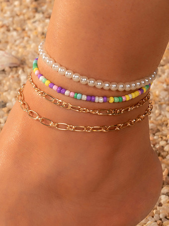ゴールド アンクレット カラフルなビーズ シェル パール レイヤード ビーチ アンクル ブレスレット
