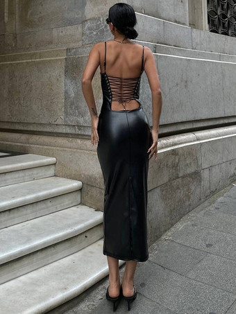 クラブドレス ブラック ストラップ ネック レースアップ ノースリーブ PUレザー セクシードレス