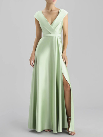 セージグリーンイブニングドレス Aライン Vネック フロアレングス ノースリーブ ジッパー サッシュ サテン生地 フォーマル ディナードレス