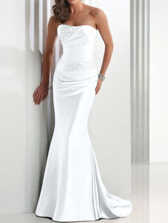 アイボリーイブニングドレス マーメイド スウィートハートネック サテン生地 トレーン付き プリーツ 社交パーティードレス