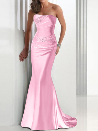 カメオピンクイブニングドレス マーメイド スウィートハートネック サテン生地 トレーン付き プリーツ 社交パーティードレス