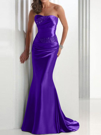 ロイヤパープルイブニングドレス マーメイド スウィートハートネック サテン生地 トレーン付き プリーツ 社交パーティードレス