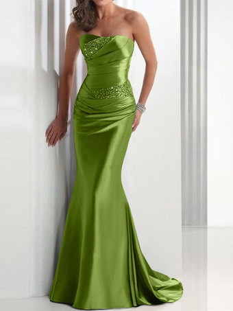 アボカドグリーンイブニングドレス マーメイド スウィートハートネック サテン生地 トレーン付き プリーツ 社交パーティードレス