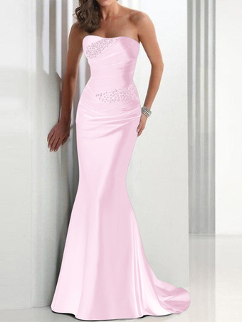 ソフトピンクイブニングドレス マーメイド スウィートハートネック サテン生地 トレーン付き プリーツ 社交パーティードレス
