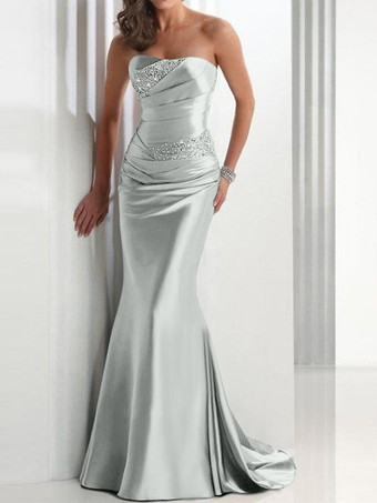 ライトグレーイブニングドレス マーメイド スウィートハートネック サテン生地 トレーン付き プリーツ 社交パーティードレス