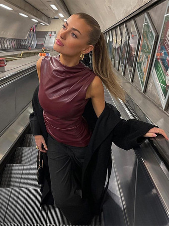 キャミトップ ノースリーブ アシンメトリーヘム クラシック カジュアル レディース トップ ワインレッド