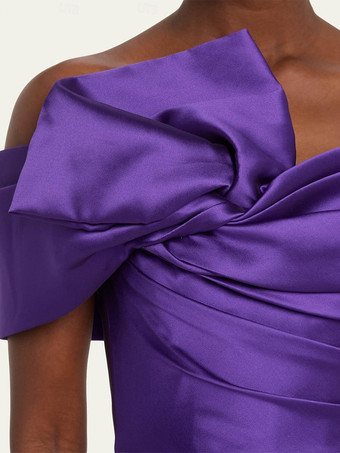 カクテルドレス付きエレガントな足首丈シースオフショルダープリーツサテン生地