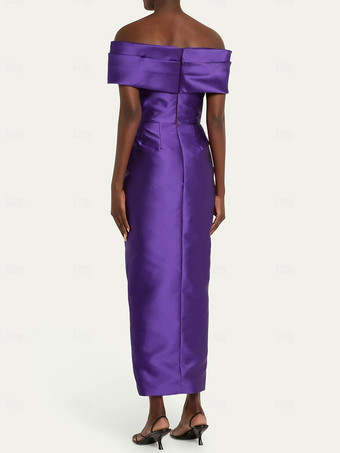 カクテルドレス付きエレガントな足首丈シースオフショルダープリーツサテン生地