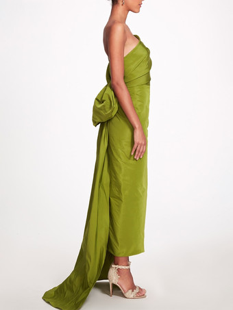 イブニングドレス シース ワンショルダー タフタ アンクル丈 プリーツ 社交パーティードレス