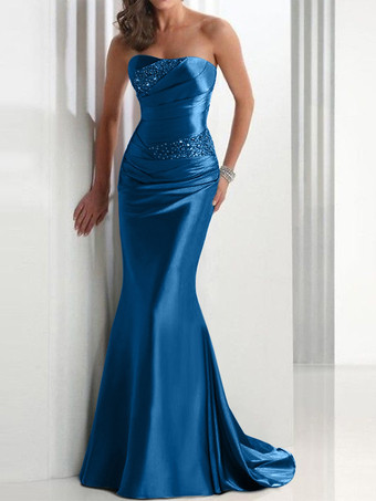 ダズリンブルーイブニングドレス マーメイド スウィートハートネック サテン生地 トレーン付き プリーツ 社交パーティードレス
