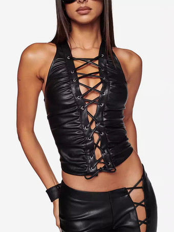 クラブウェアトップ スタイリッシュ Vネック プリーツ ノースリーブ PUレザー オープンショルダー