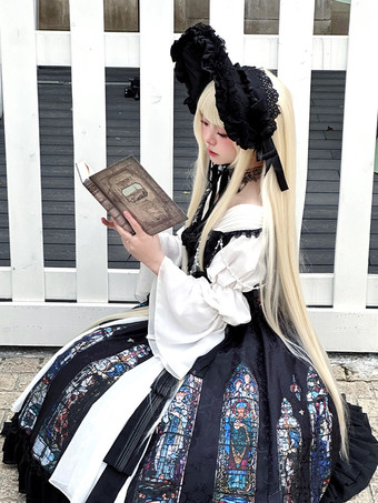 ゴシック ロリータ ドレス レース パール ジャカード ブラック ブラック