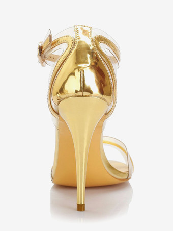 ゴールドプロムシューズ ハイヒール オープントゥ パッチワーク アンクルストラップサンダル