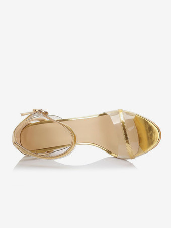 ゴールドプロムシューズ ハイヒール オープントゥ パッチワーク アンクルストラップサンダル