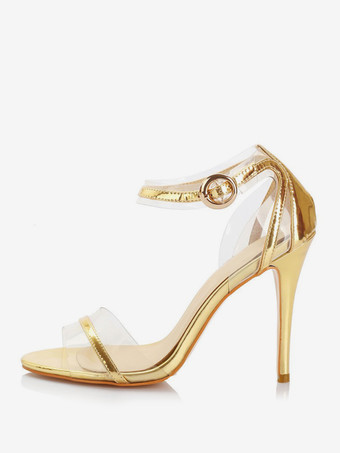 ゴールド ゴールドプロムシューズ ハイヒール オープントゥ パッチワーク アンクルストラップサンダル