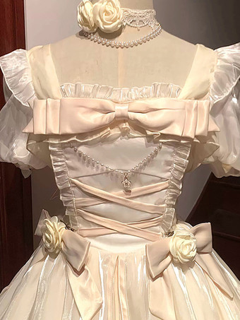 スイートロリータドレス ゆったりとしたショート丈レース袖 おとぎ話風 カジュアル リボン フリル チュール ホワイト