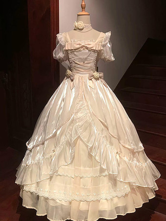 アイボリー スイートロリータドレス ゆったりとしたショート丈レース袖 おとぎ話風 カジュアル リボン フリル チュール ホワイト