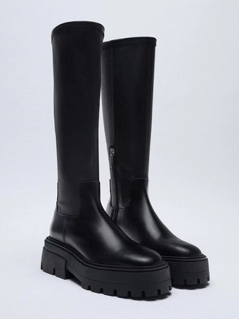 レディース用ブラックミッドカーフブーツ プラットフォーム ジップアップ エラスティックブーツ