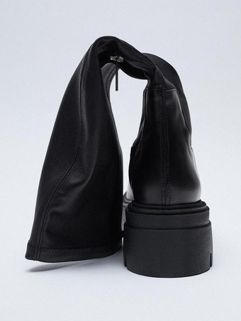 レディース用ブラックミッドカーフブーツ プラットフォーム ジップアップ エラスティックブーツ