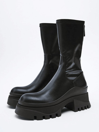 ブラック プラットフォーム アンクルブーツ レディース ジップアップ ラウンドトゥ ブーティ