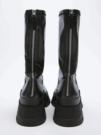 ブラック プラットフォーム アンクルブーツ レディース ジップアップ ラウンドトゥ ブーティ