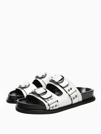 ホワイト レディースサンダルスライドバックルオープントゥビーズスライドフラットサンダル