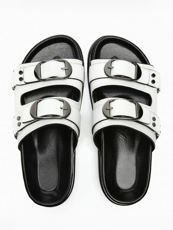 レディースサンダルスライドバックルオープントゥビーズスライドフラットサンダル