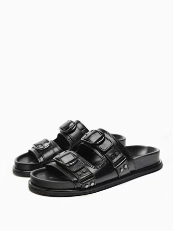 ブラック レディースサンダルスライドバックルオープントゥビーズスライドフラットサンダル