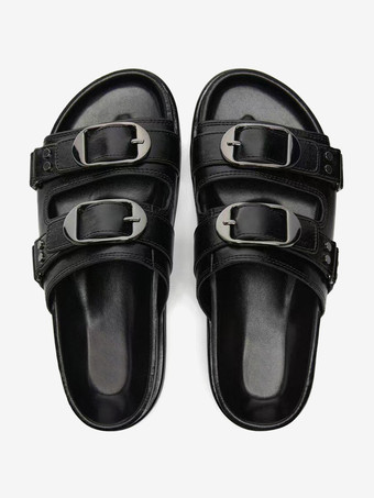 レディースサンダルスライドバックルオープントゥビーズスライドフラットサンダル