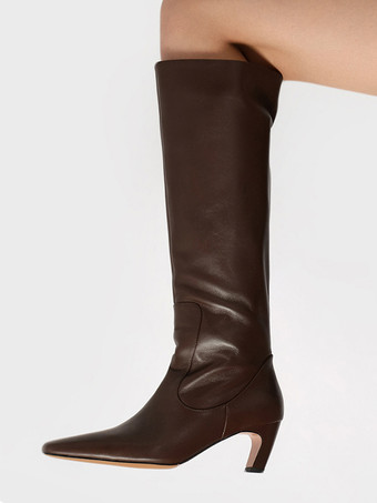 ディープブラウンキトンヒール ミッドカーフブーツ レディース ポインテッドトゥブーツ