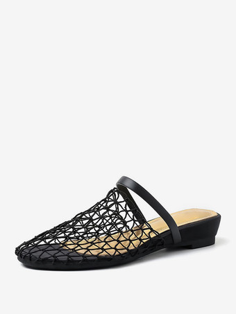 Black Women's Net Flat Mules Round Toe Slides