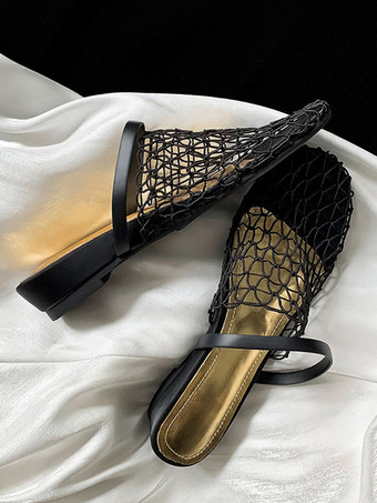 Women's Net Flat Mules Round Toe Slides