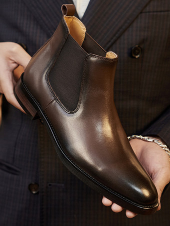 Men's Boots Chelsea Boots Deep Brown Round Toe Cowhide Ankle Short Boots