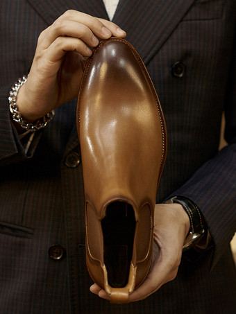 メンズブーツ チェルシーブーツ コーヒーブラウン ラウンドトゥ 牛革 アンクルショートブーツ