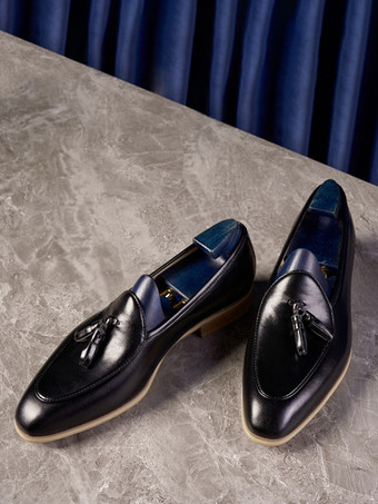 ブラック メンズ タッセル ローファー ラウンドトゥ 牛革 プロム ホームカミング ウェディング シューズ