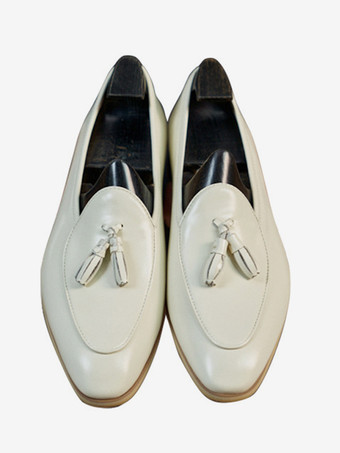 ホワイト メンズ タッセル ローファー ラウンドトゥ 牛革 プロム ホームカミング ウェディング シューズ