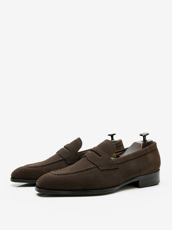 ディープブラウンメンズ ペニーローファー スクエアトゥ スリッポン ローヒール ペニーシューズ プロム ホームカミング ウェディングシューズ