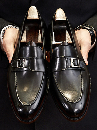 ブラック ラウンドトゥ PUレザー メンズ ローファー プロム ホームカミング ウェディングシューズ