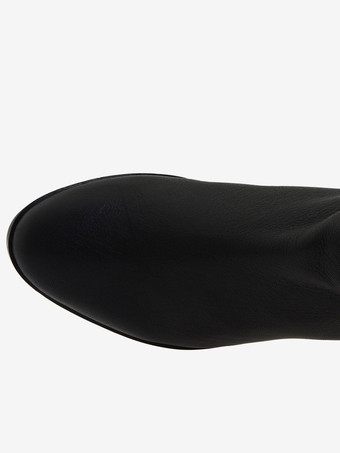 ブラック フラット ニーハイブーツ ジップアップ ラウンドトゥ パッチワーク レディースブーツ