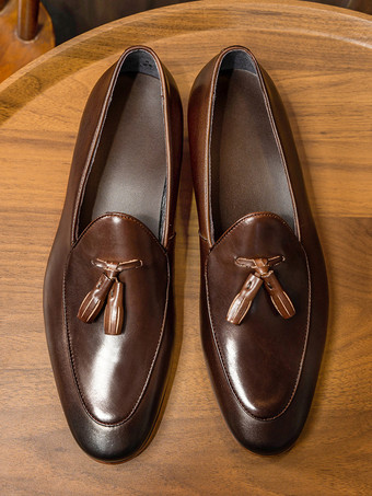 ブラウン PUレザー メンズ ローファー シューズ タッセル プロム ホームカミング ウェディング シューズ